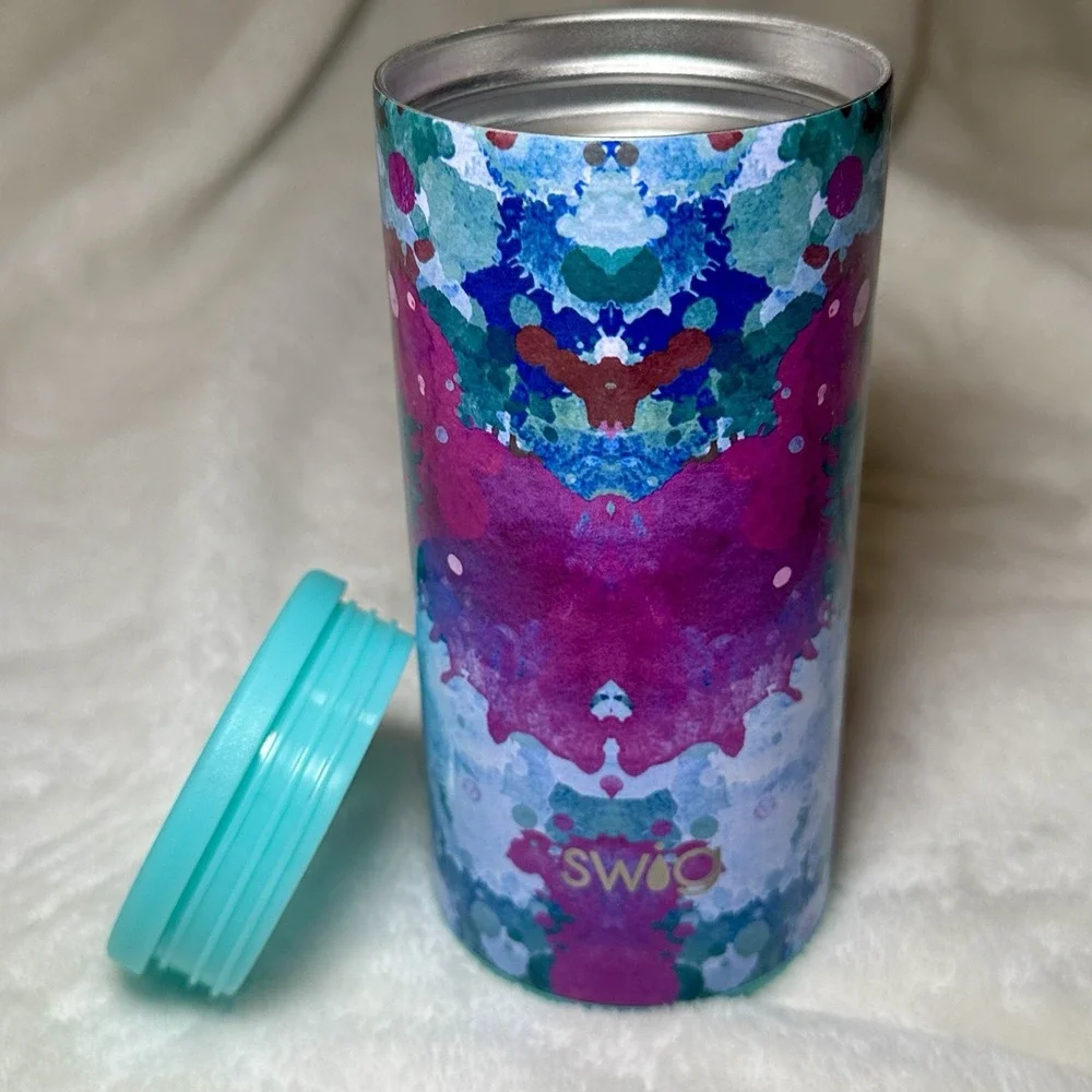 Swig Life Skinny Can Cooler Purple Blue Watercolor 12oz Teal Lid